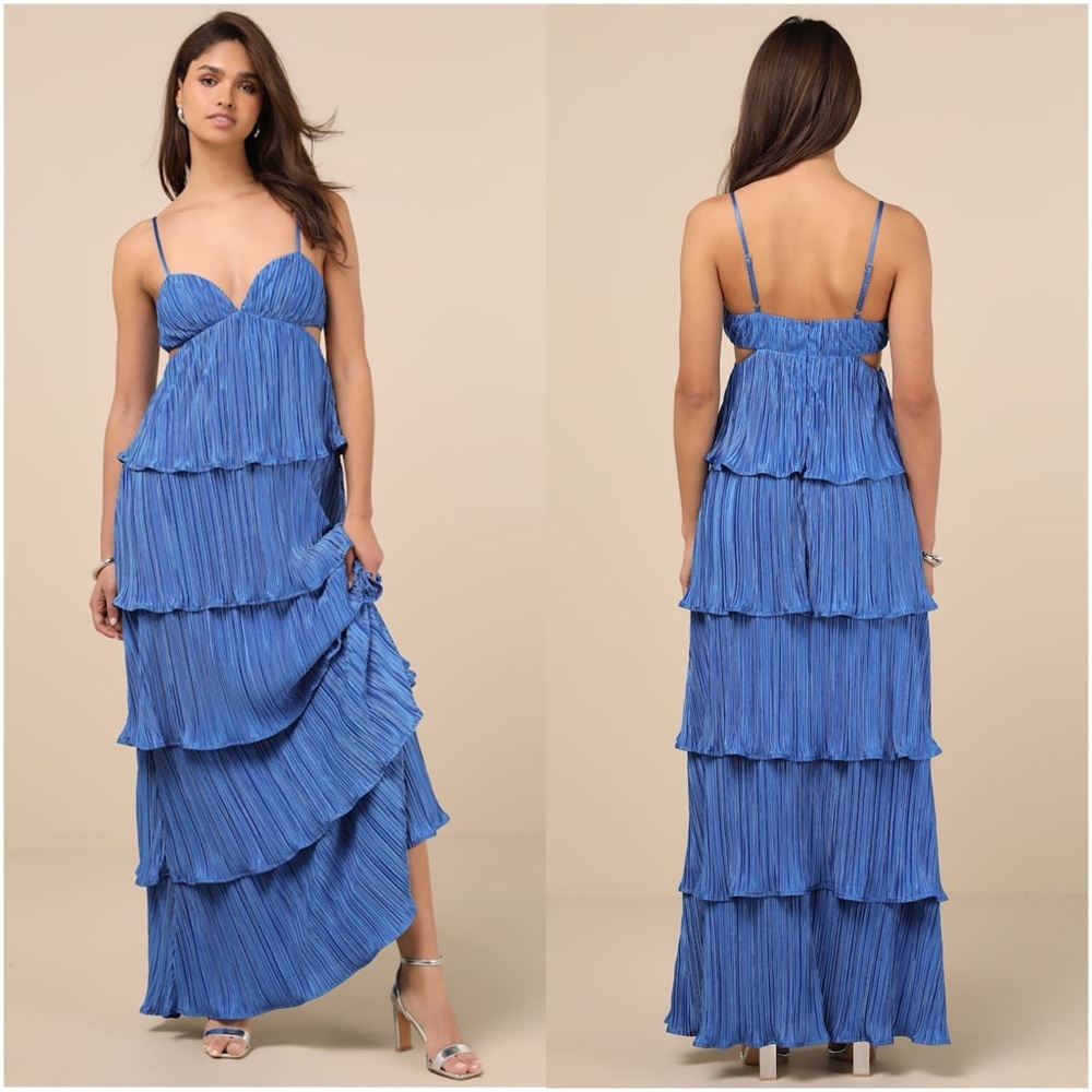 LULU'S Kanya Blue Satin Plisse
Tiered Maxi Dress